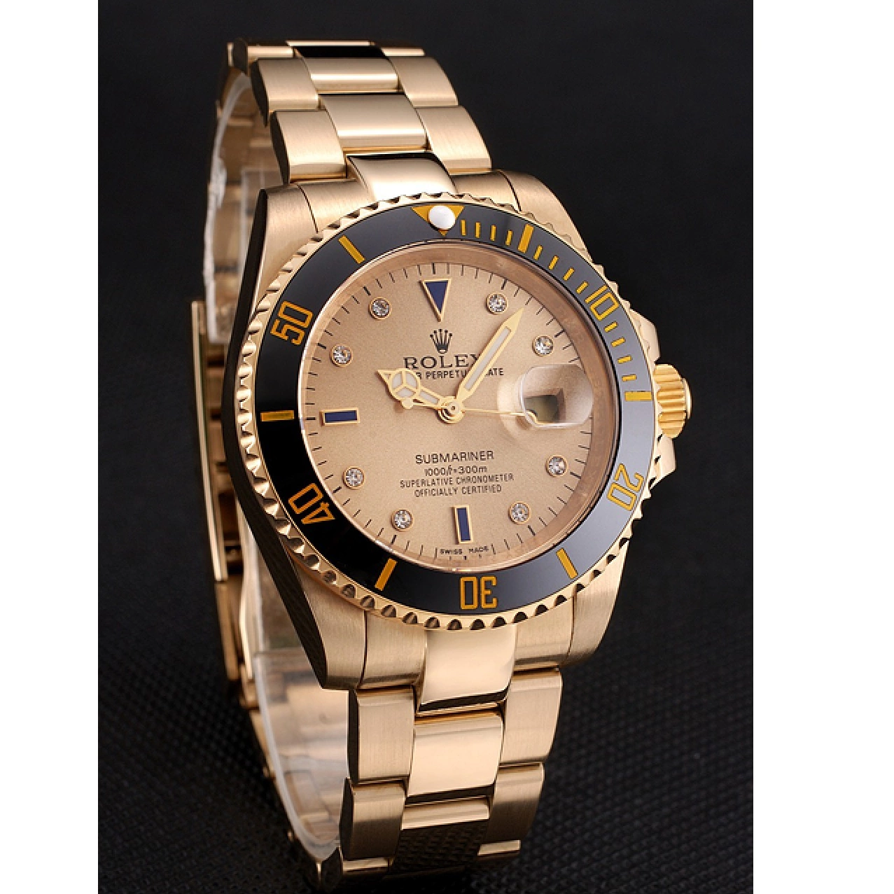 Best AAA Replica Sites Bracelet Dial Case Diamond Rolex Gold With Black Yellow Markings Gold Bezel And Submariner Swiss 0717